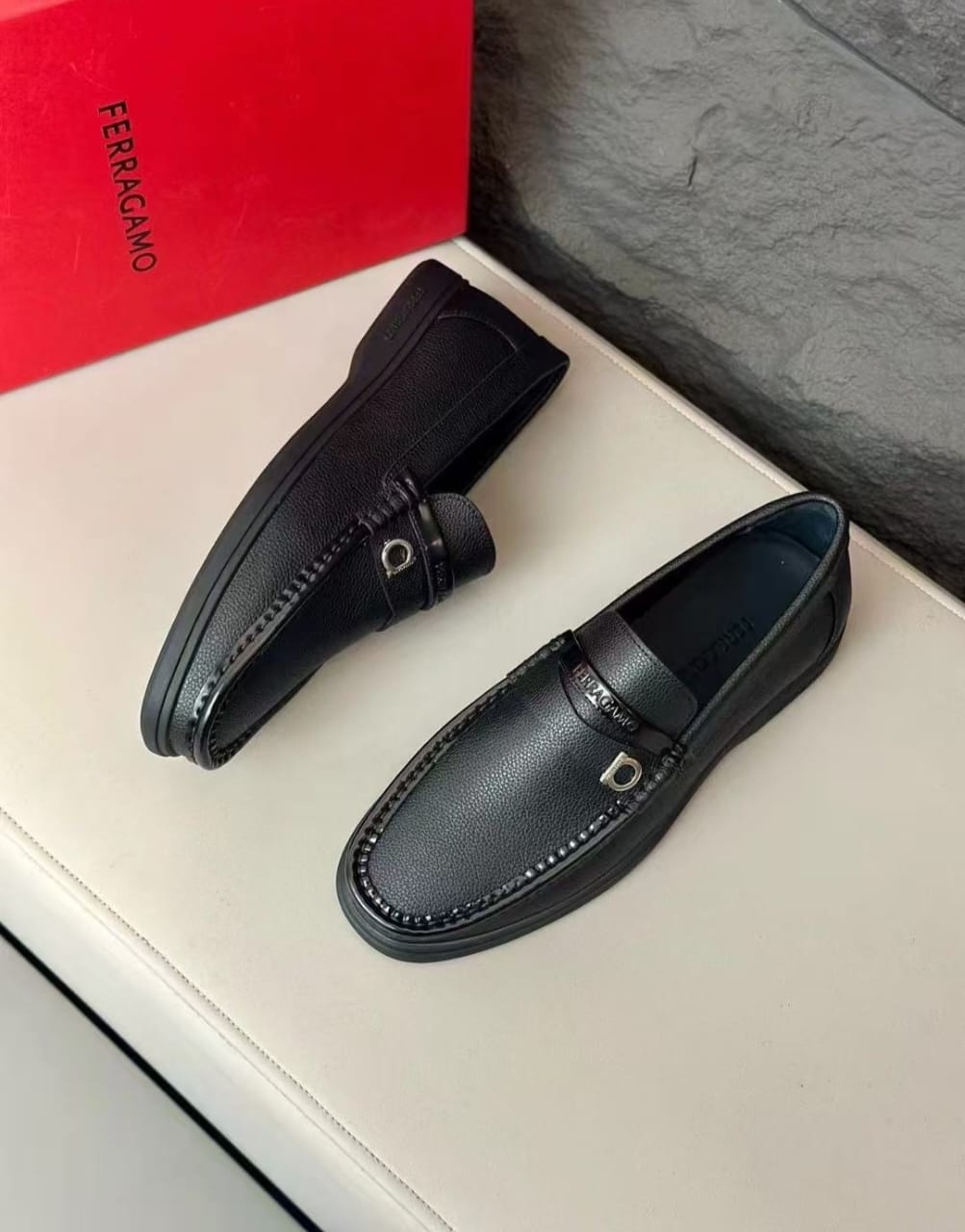 Ferragamo Men's Black Driver Leather Gancini Ornament Loafers